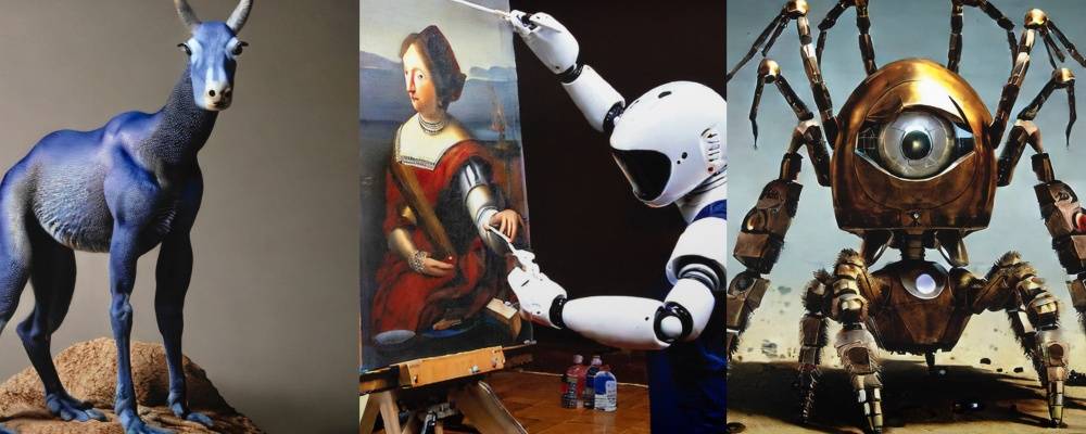 Three examples of AI generated artwork from the GVSU Art Museum Collection: a blue made up creature, a robot painting a self portrait, and a spherical robot spider.